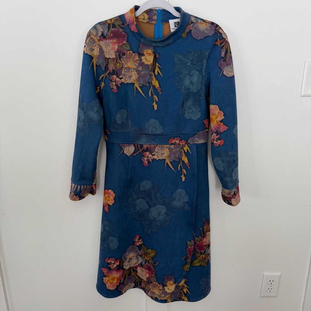 Vicky and Lucas Anthropologie Blue Floral Long Sleeve Dress Boho Chic Size Small